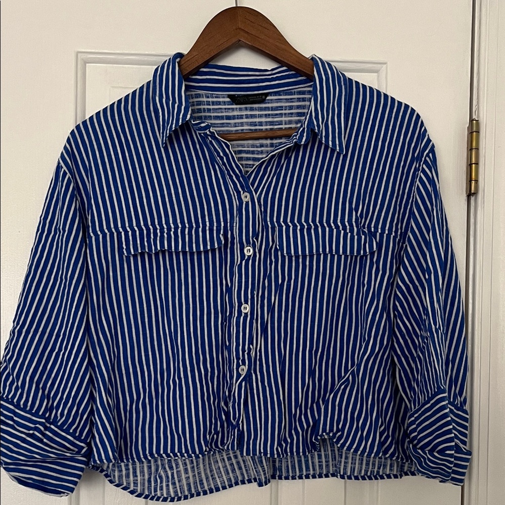 Zara Navy and White Checkered Shirt Cropped